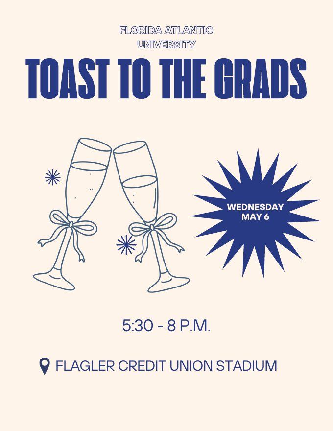 Toast to the Grads flyer with bold navy type and a starburst date badge