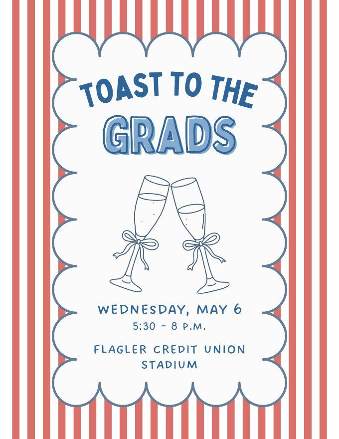 Toast to the Grads flyer with a scalloped frame on coral stripes