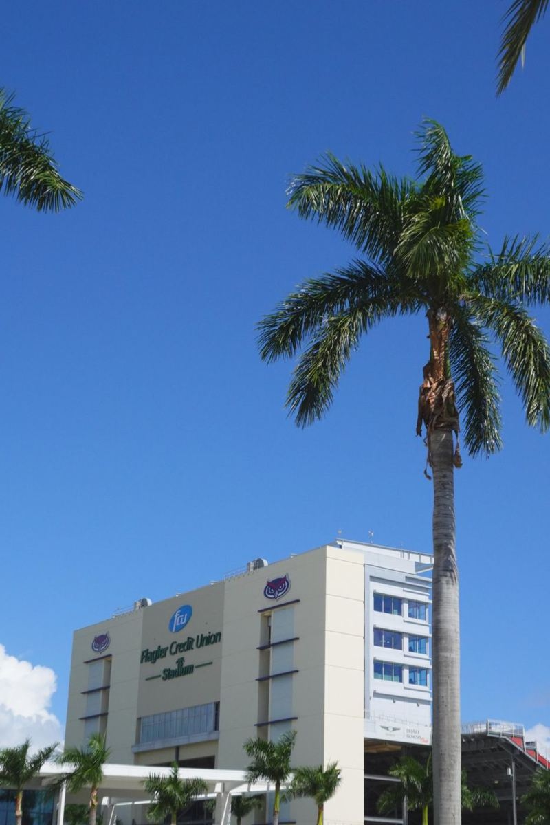 Flagler Credit Union Stadium framed by palm trees
